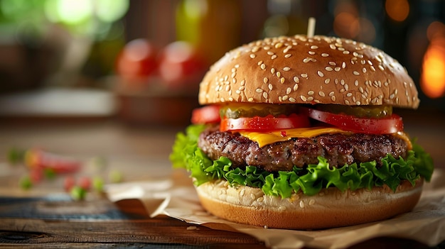 Kuszący luksusowy hamburger z najlepszymi składnikami na drewnianym stole