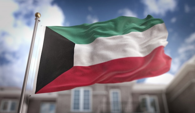 Zdjęcie kuwejt flaga 3d renderowania na tle błękitne niebo budynku