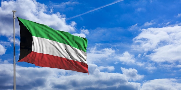 Kuwejt macha flagą na ilustracji 3d błękitnego nieba