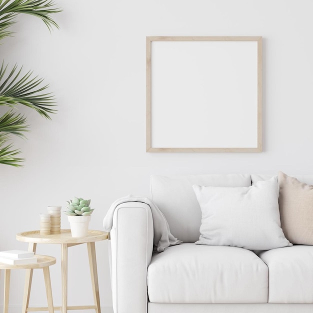 Kwadratowa drewniana makieta z sofą i zielonymi roślinami na białej ścianie w salonie ilustracja 3D