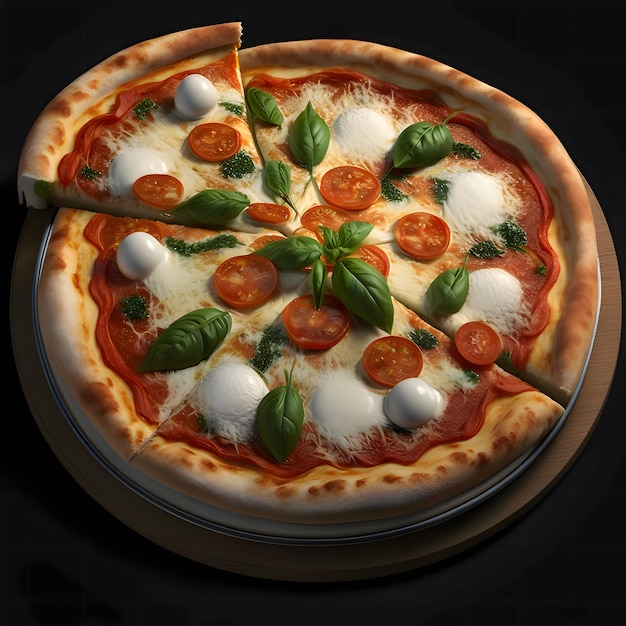 Kwadratowa pizza z serem, szynką, pomidorami, bazylią i przyprawami Ciemne tło Widok z boku