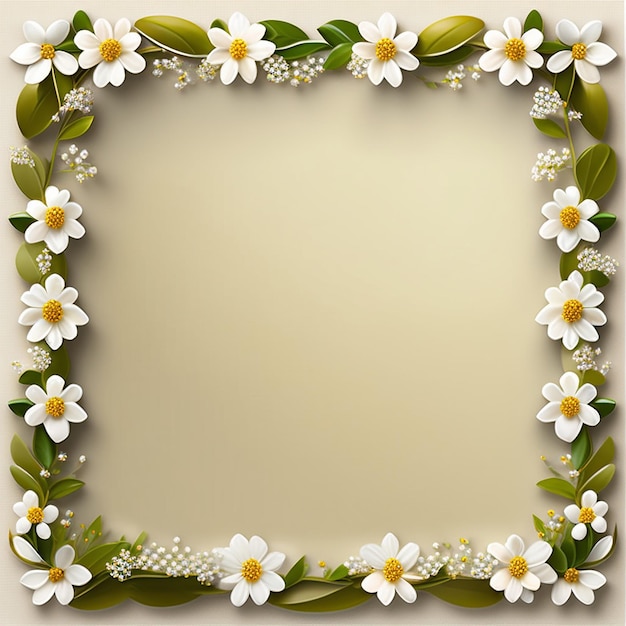 Kwadratowa ramka z białymi kwiatami i zielonymi liśćmi wokół.