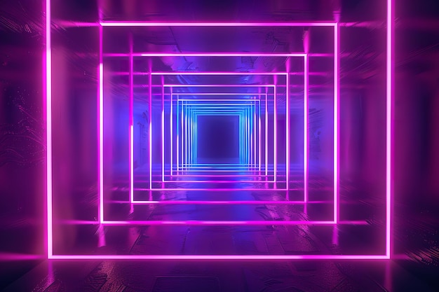 Kwadratowy tunel z neonowym światłem abstrakcyjne tło Generative Ai