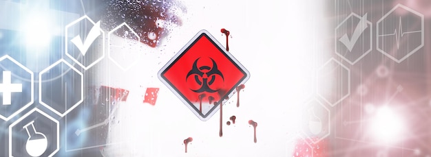 Kwarantanna. Znak ostrzegawczy kwarantanny na szklanych drzwiach w szpitalnym izolatorze. Izolacja pacjentów z wirusem w specjalnych laboratoriach. Wirus.