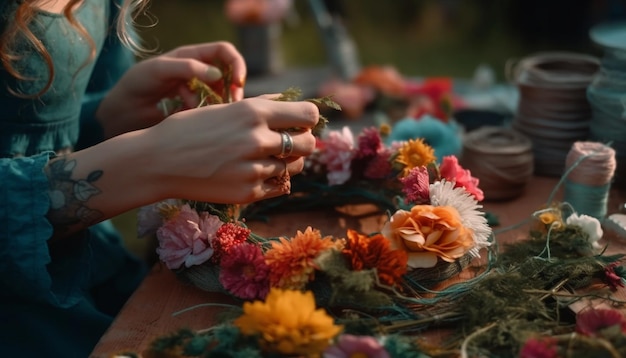 Kwiaciarnia ręcznie robi kolorowy bukiet na letnie uroczystości wygenerowany przez AI