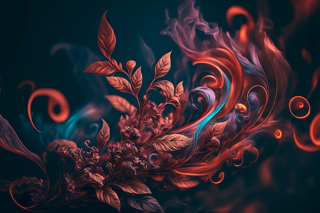 Kwiat abstrakcyjny styl strzału dymu czerwona linia ornament backgroundGenerative AI