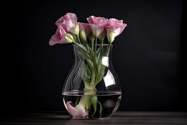 Kwiat Eustoma w wazonie ze świeżą wodą i źródłem światła