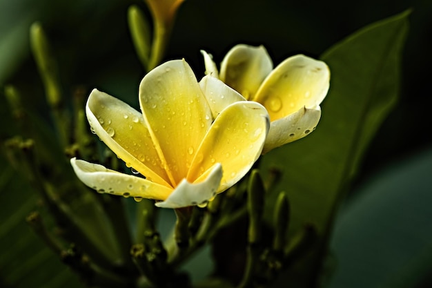 Kwiat Frangipani w miękkim świetle poranka i kroplach deszczu, selektywna ostrość, z bliska