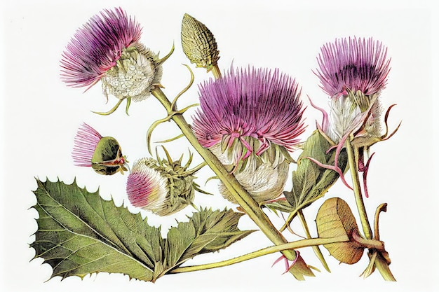 Kwiat łopianu ilustracja botaniczna Arctium Lappa realistyczne malarstwo łopian rysunek imitacja abstrakcyjna generatywna ilustracja AI