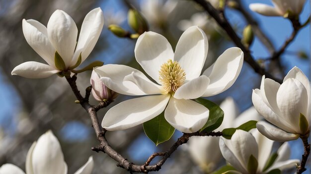 Kwiat magnolii na gałęzi z bliska