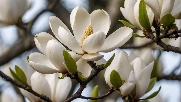 Kwiat magnolii na gałęzi z bliska