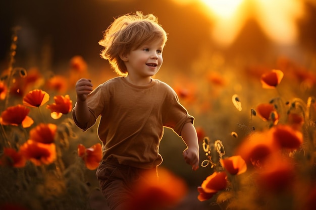 Kwiat maku z dzieckiem biegnącym po polu