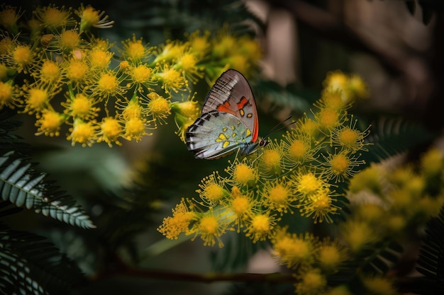 Kwiat mimozy w rozkwicie otoczony kolorowymi motylami