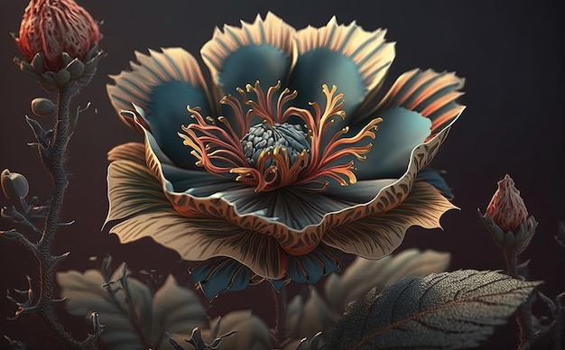 Kwiat na roślinie, szczegółowy obraz 3D z bliska