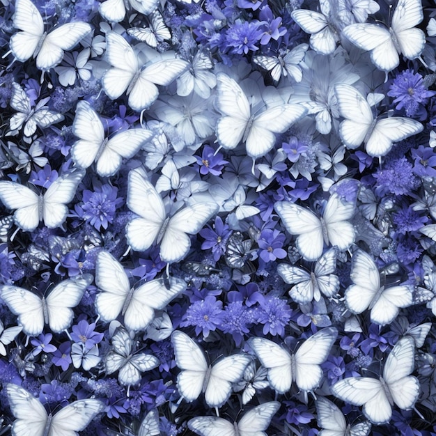 Kwiat realistyczny bezszwowy motyl abstrakcyjny wzór kwiatowy przypadkowe tło niebieskie białe