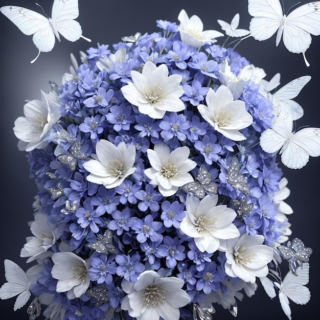 Kwiat realistyczny bezszwowy motyl abstrakcyjny wzór kwiatowy przypadkowe tło niebieskie białe
