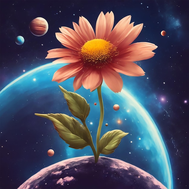 Kwiat rosnący w przestrzeni kosmicznej z planetami, galaktykami i statkami kosmicznymi za nim Negatywna przestrzeń