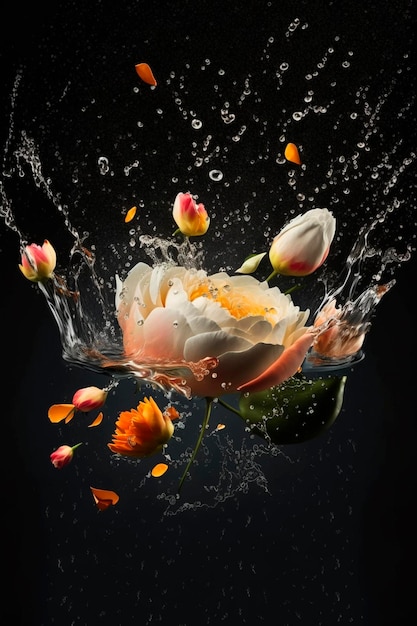 Kwiat rozpryskuje się w wodzie z odrobiną wody.