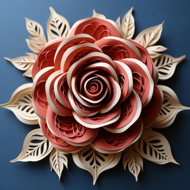 Kwiat róży z liśćmi wykonanymi z papieru w stylu origami lub kirigami japońskie rzemiosło