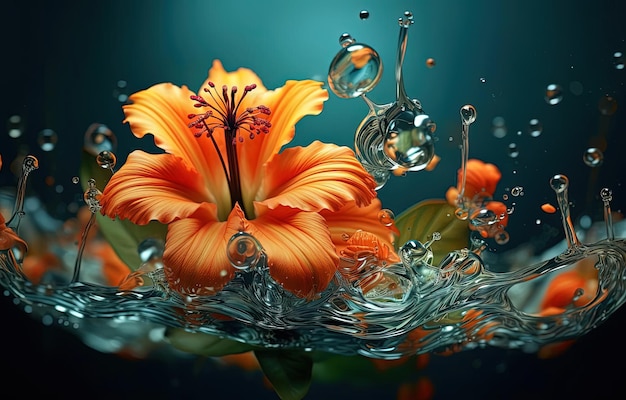 kwiat w wodzie z zielono-pomarańczowym płynem w stylu Mike'a Campau