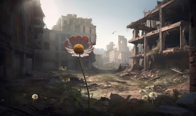Kwiat w zrujnowanym mieście otoczony jest ruinami.