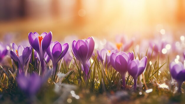 Zdjęcie kwiat wiosenny krokusa wzrost latem z pięknym światłem słonecznym piękna kwiatowa szeroka panorama fioletowa krokus iridaceae wiosenne tło z bokeh szeroki kąt