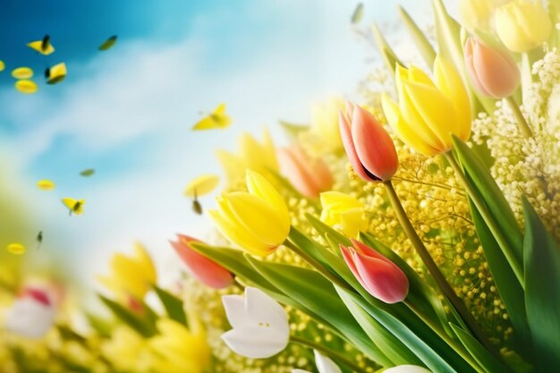 Kwiat wiosenny tło z niebieskim niebem i motylem generatywny ai tulipan