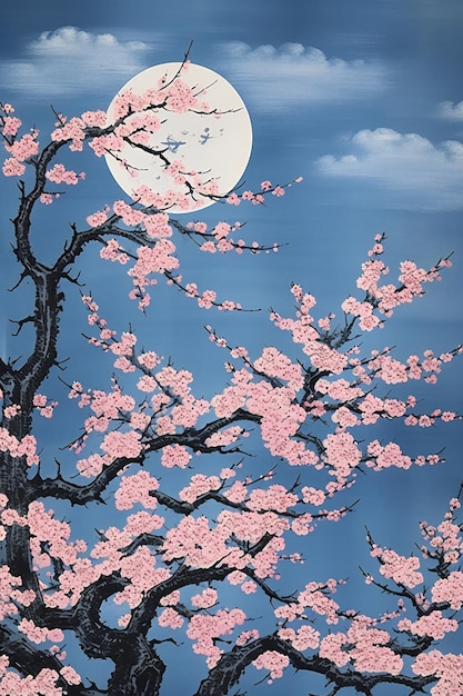 Kwiat wiśni i księżyc w pełni na tle nieba ręcznie narysowana ilustracja