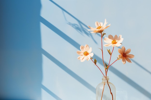 Kwiat z cieniem światła słonecznego na niebieskiej ścianie z kopią