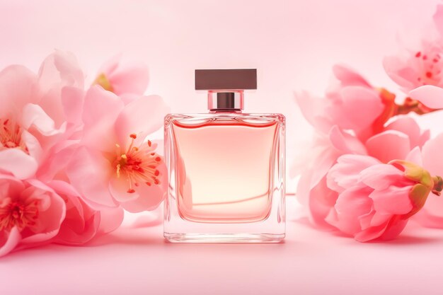 Kwiatowa butelka perfum z kwiatami na różowym tle Generative AI