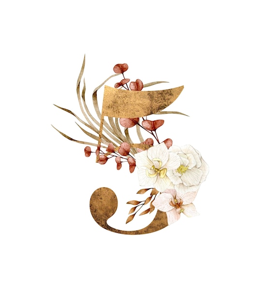 Zdjęcie kwiatowa cyfra cyfra 5 z kompozycją bukietu kwiatów boho unikalne ręcznie rysowane cliparty