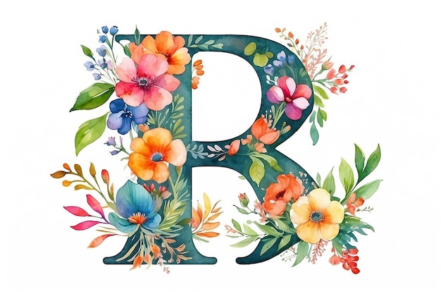 Zdjęcie kwiatowa dekoracja alfabetu r w stylu akwarelowym na białym tle generatywna sztuczna inteligencja