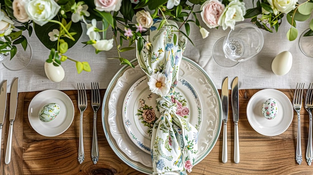 Zdjęcie kwiatowa dekoracja stołu świątecznego dla uroczystości rodzinnych kwiaty wiosenne jajka wielkanocne królik wielkanocny i naczynia vintage angielski styl wiejski i domowy