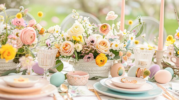 Kwiatowa dekoracja stołu świątecznego dla uroczystości rodzinnych Kwiaty wiosenne Jajka wielkanocne Królik wielkanocny i naczynia vintage Angielski styl wiejski i domowy