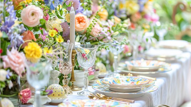 Kwiatowa dekoracja stołu świątecznego dla uroczystości rodzinnych Kwiaty wiosenne Jajka wielkanocne Królik wielkanocny i naczynia vintage Angielski styl wiejski i domowy