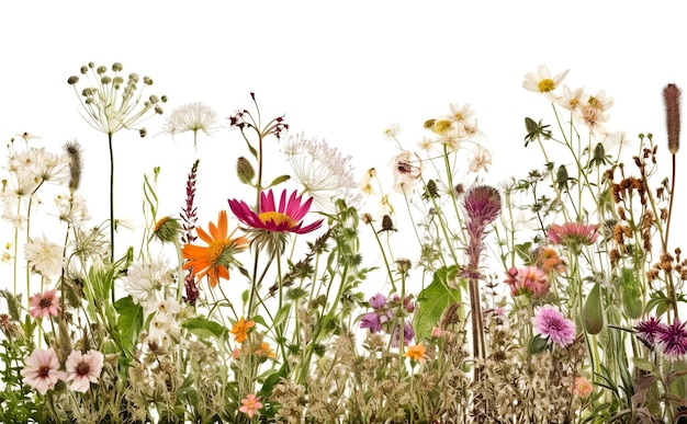 Kwiatowa granica kwiatów dzikiej łąki izolowana na białym tle z miejsca na kopię