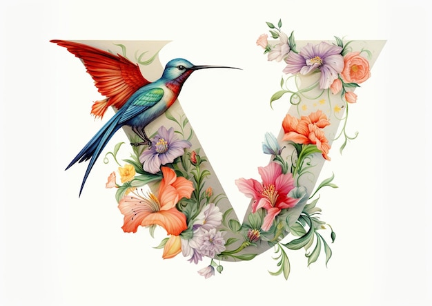 Kwiatowa harmonia Wykwintna litera alfabetu kwiatowego ozdobiona kwiatami i generatywnym kolibrem Ai