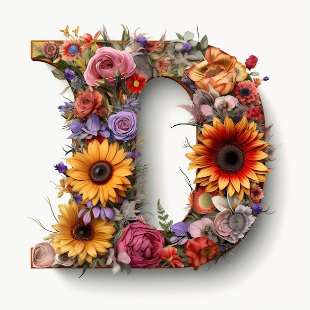 Zdjęcie kwiatowa i słonecznikowa kolorowa ilustracja litera d generatywna ai