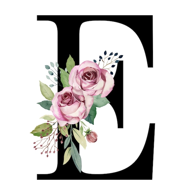 Kwiatowa litera E z akwarelowymi różami