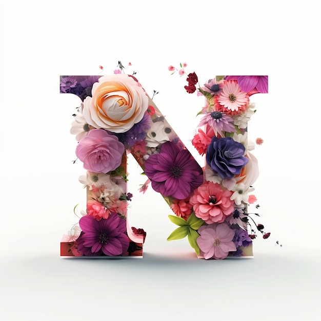 Kwiatowa litera n wykonana z kwiatów i liści.