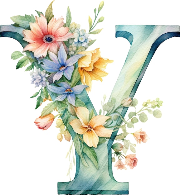 Kwiatowa litera Y ozdobiona akwarelą kwiatów izolowanych na białym