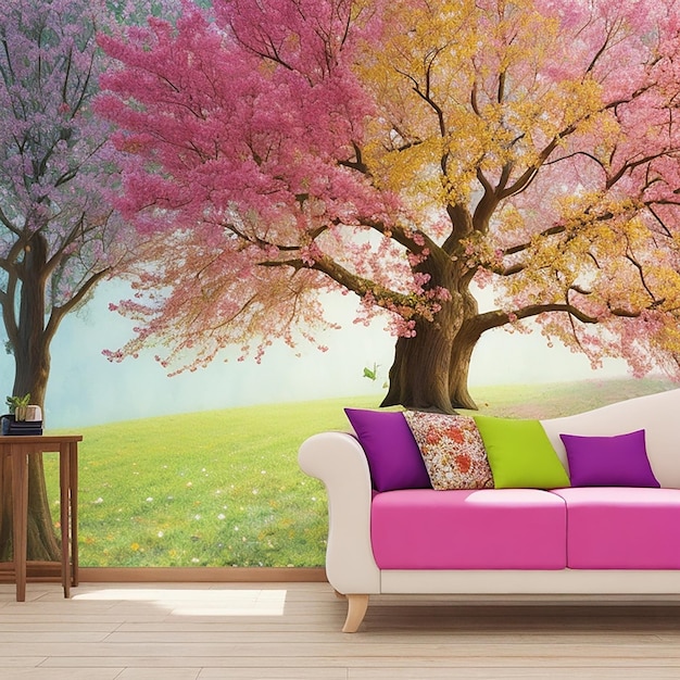 Kwiatowa malowidło ścienne drzewa z liśćmi Z meblami do salonu Projekt wnętrz generowany przez AI