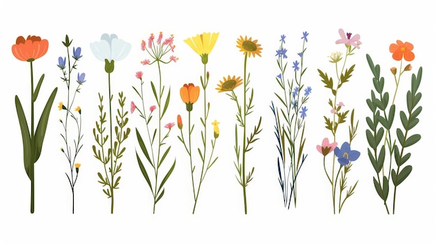 Kwiatowe łodygi rośliny wiosenne i letnie Abstrakcyjne pola i łąki kwitną Dzikie kwiaty Płaskie nowoczesne ilustracje izolowane na białym
