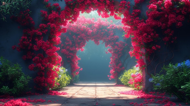 Kwiatowe łuki i kolorowa zielenię ozdabiają ten tajemniczy ogród z bajki pięknym obrazem cyfrowym