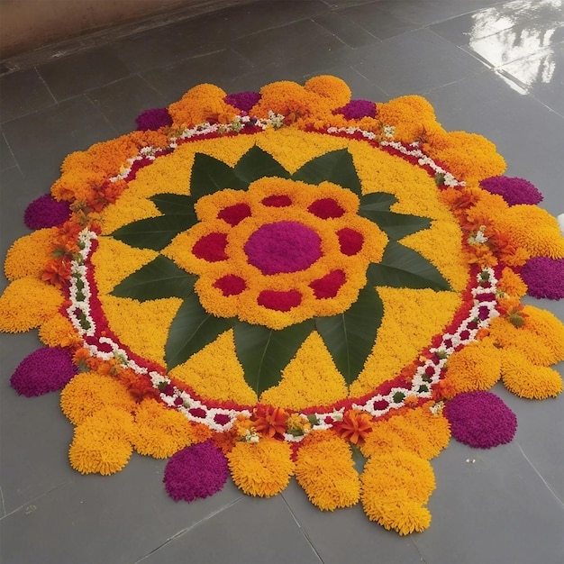 Kwiatowe rangoli na Diwali lub pongal wykonane z kwiatów marigold lub zendu i czerwonych płatków róży