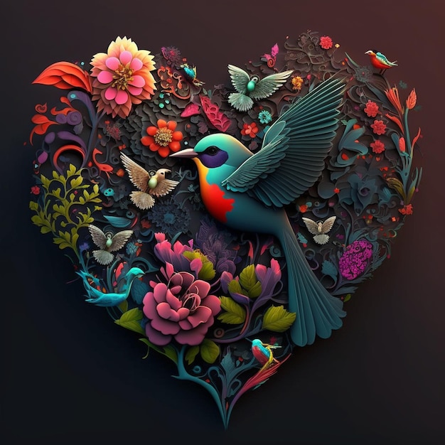Kwiatowe romantyczne ptaki serca i kwiaty Walentynki miłość ilustracja na ciemnym tle