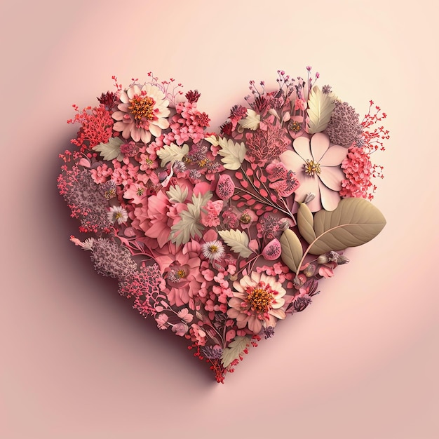 Kwiatowe serce na różowym tle Wiosna lato miłość natura koncepcja AI