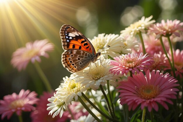 Kwiatowe tło gerbery w promieniach światła i motyla