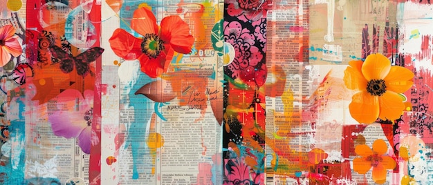 Kwiatowe wzory, żywe kolory, dzieła sztuki mieszane i kolazy z gazet