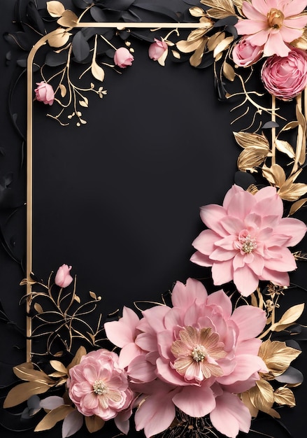 Zdjęcie kwiatowe zaproszenie z różowymi kwiatami i czarnym tłem